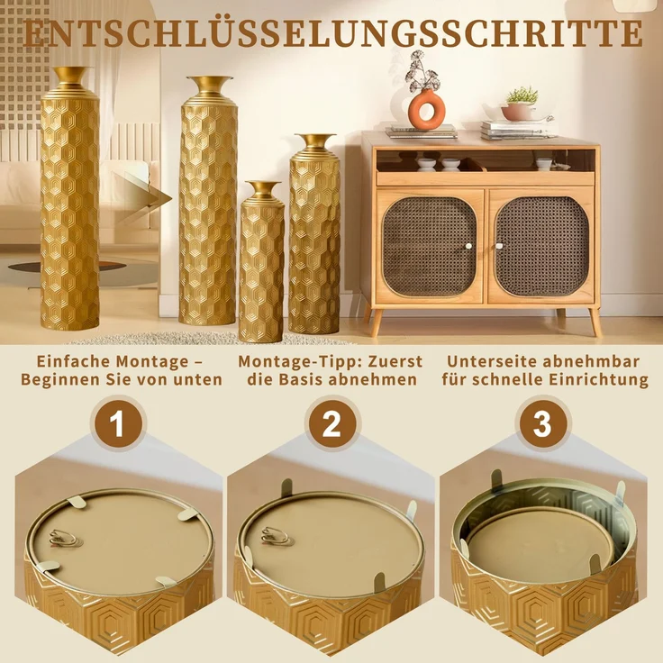 Goldene Metallbodenvasen 3er Set, Halbhandgefertigte Stehvasen mit Wabenmuster, Moderne Dekovasen für Wohnzimmer, Flur, Eingangsbereich, 50/65/85 cm Höhe--Gold--24.02x25.02x92.02cm--YOUDENOVA – Bild 5