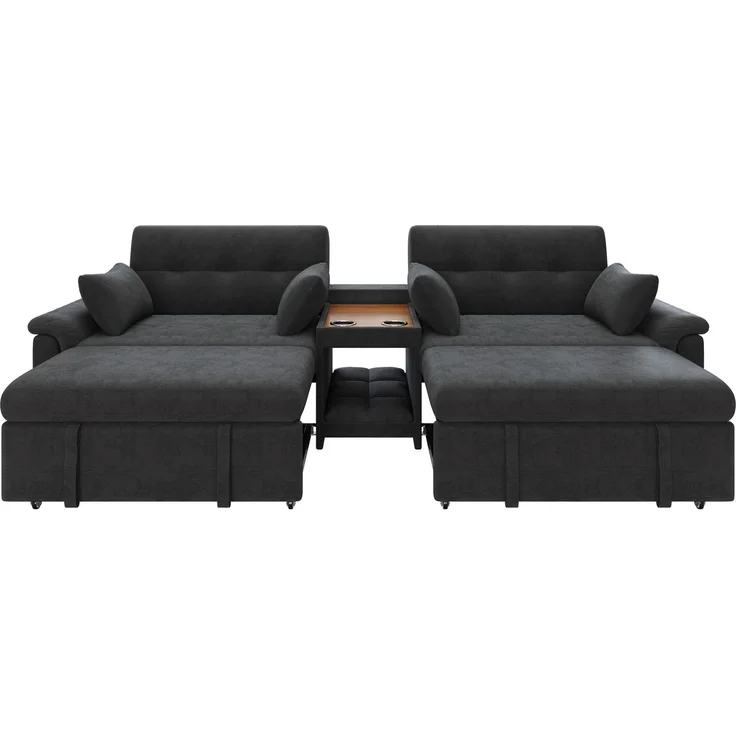 Merax U-förmiges Schlafsofa, ausziehbar, Doppel-Schlafauszug, verstellbare Rückenlehne, Haustierbereich, Couchtisch mit 2 Becherhaltern, 4 Kissen, Chenille, Dunkelgrau, 284×138×89 cm – Bild 8