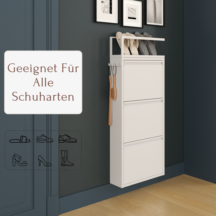 Schuhkipper mit Zubehör, Weiß, 3 Klappen 52x15x118,5 cm, Pantoffelregal, Hakenleiste – Bild 2