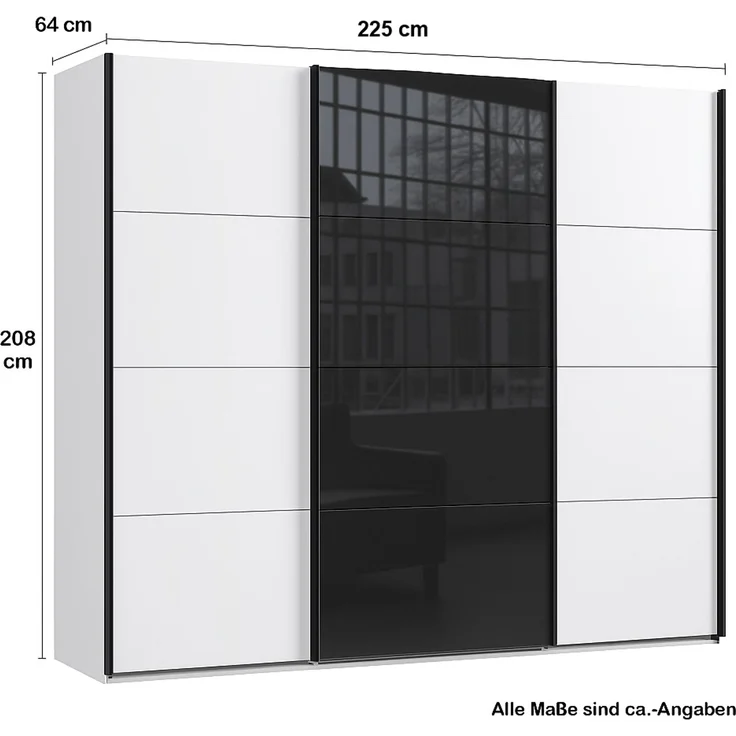 Schwebetürenschrank Kleiderschrank B225 cm H208 cm 3-türig Weiß, 1x Tür Glas Schwarz – Bild 5