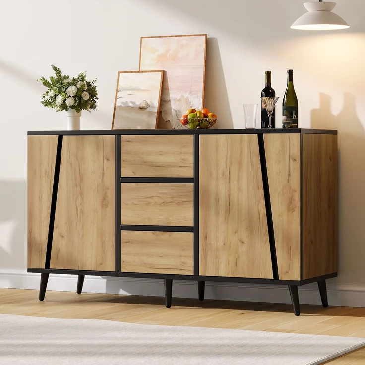 Abrihome Sideboard Aufbewahrungsschrank, Kaffeebar, 3 Schubladen, Naturholz, 120 x 40 x 70 cm – Bild 2