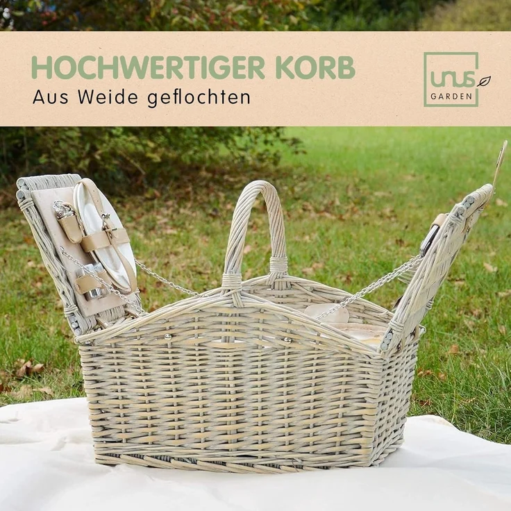 UNUS GARDEN Picknickkorb Komplettset für 2 Personen (1 St, 28/40x32x48 cm (HxBxL), inklusive Picknickdecke und inklusive Besteck, Geschirr, uvm. – Bild 6