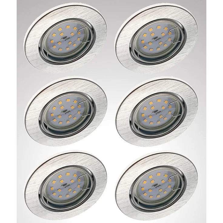 TRANGO LED Einbauleuchte, Dimmfunktion, 6er Set 6729-069MOSD LED Einbaustrahler in Aluminium gebürstet Rund incl. 6x 5 Watt 3 Stufen dimmbar Ultra Flach LED Modul 3000K warmweiß, Warmweiß, Deckenspot, Einbauspot, Deckenleuchte