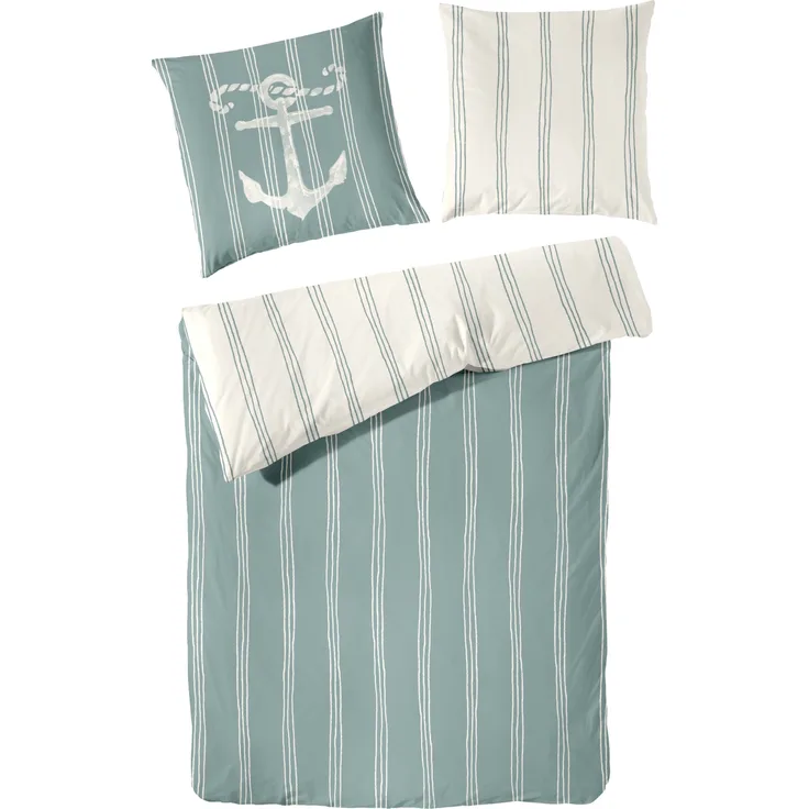 Hahn Renforce Bettwäsche 155x220 Anker Streifen Maritim jade weiß Wende 123100-50