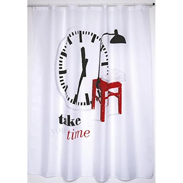 MSV Duschvorhang TAKE YOUR TIME Breite 180 cm, Premium Anti-Schimmel Textil-Duschvorhang, Polyester, 180x200 cm, waschbar, weiß-bunt, Motiv "Take Your Time"
