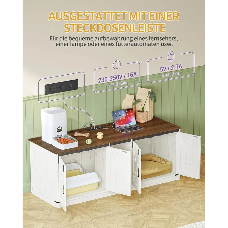 Katzenschrank mit USB-Anschlüssen und Steckdosen, Katzenklo Schrank, 140 cm Verstecktes Katzentoilette für 2 Katzen, Katzenhaus für den Innenbereich mit Katzenglocke, Braun-Weiß – Bild 3
