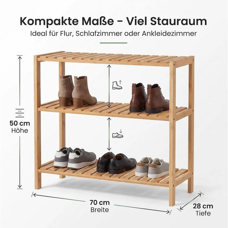 hausleben Schuhregal Bambus Schuhregal, 3 Ebenen, 70x28x50 cm, Naturholz Standregal, Einzelartikel 1-tlg, Stabil, Leicht zu Reinigen – Bild 2