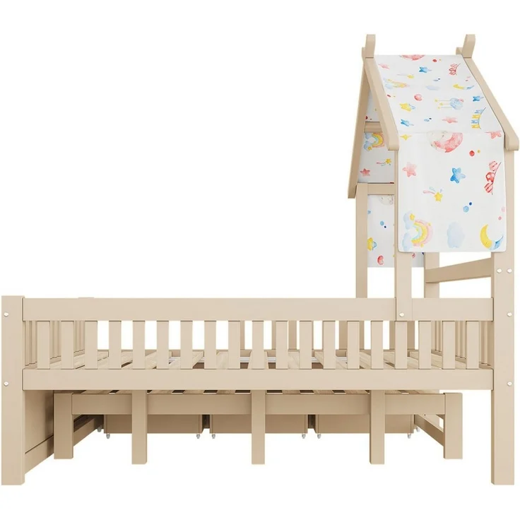 Merax Kinderbett 140x200cm mit Haus-Design, Hausbett mit Dach und Ablage (1-tlg), Kiefernholz Kinderbett mit Ausziehbett,3 Schubladen,Sicherheitsgittern – Bild 4