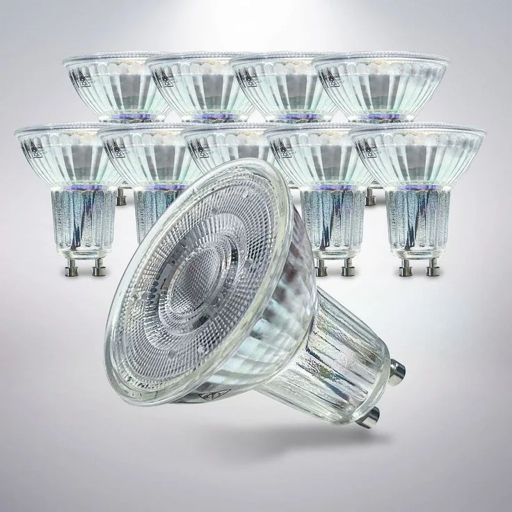 B. K. Licht - 10er Set LED Lampe GU10 mit warmweißer Lichtfarbe, 5 Watt, 400 Lumen, LED, LED Glühbirne, LED Leuchtmittel, LED Birne, Reflektor, Glühlampen, Bulb, 5,3x5 cm, Transparent