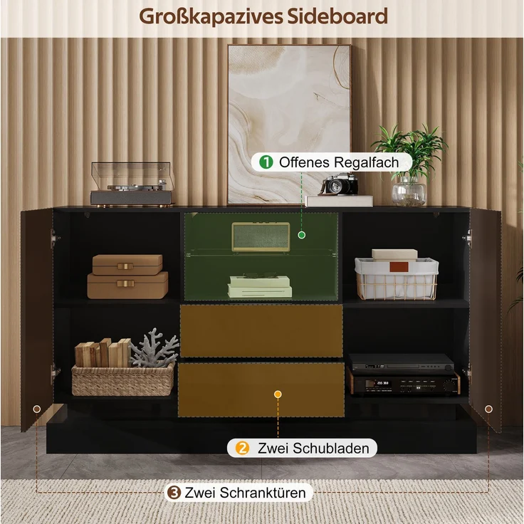Sideboard 140x40x80 cm mit 2 Türen, 2 Schubladen und App-steuerbarer LED-Beleuchtung – Bild 9