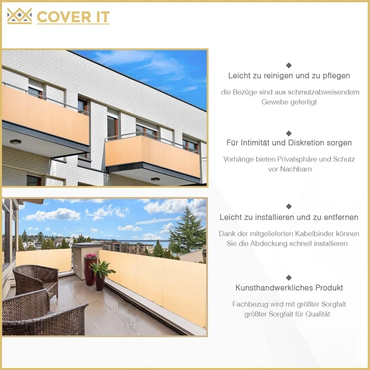 COVER IT Balkon Sichtschutz Ohne Bohren Balkonsichtschutz Beige mit Ösen 120x300 cm Sichtschutz Balkon Ohne Bohren - Sichtschutz für Balkon Terrasse - Sichtschutz Balkongeländer – Bild 5