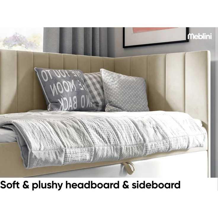 MEBLINI Kinderbett mit Bettkasten MAYA 3 80x200 Rechts - H3/Beige Samt Gepolstert Einzelbett mit Matratze - Polsterbett mit Stauraum - Bett mit Kopfteil – Stauraumbett – Bild 3