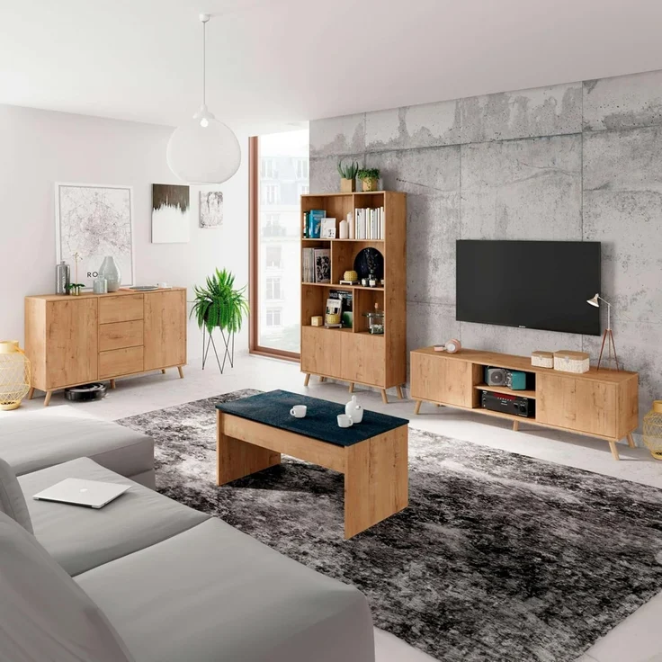 Muebles Pitarch | TV-Schrank mit Beinen, 2 Türen und Regal, industrieller Fernsehschrank, Eiche Gold, 55 x 160 x 40 cm, Wohnzimmermodul, Modern, Modell Oslo – Bild 6