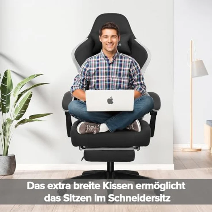 GTPLAYER Gaming Stuhl Ergonomischer Gaming Sessel Schreibtischstuhl mit Stoffoberfläche, Federsitzkissen, Verbindungsarmlehnen und Fußstütze schwarz – Bild 5