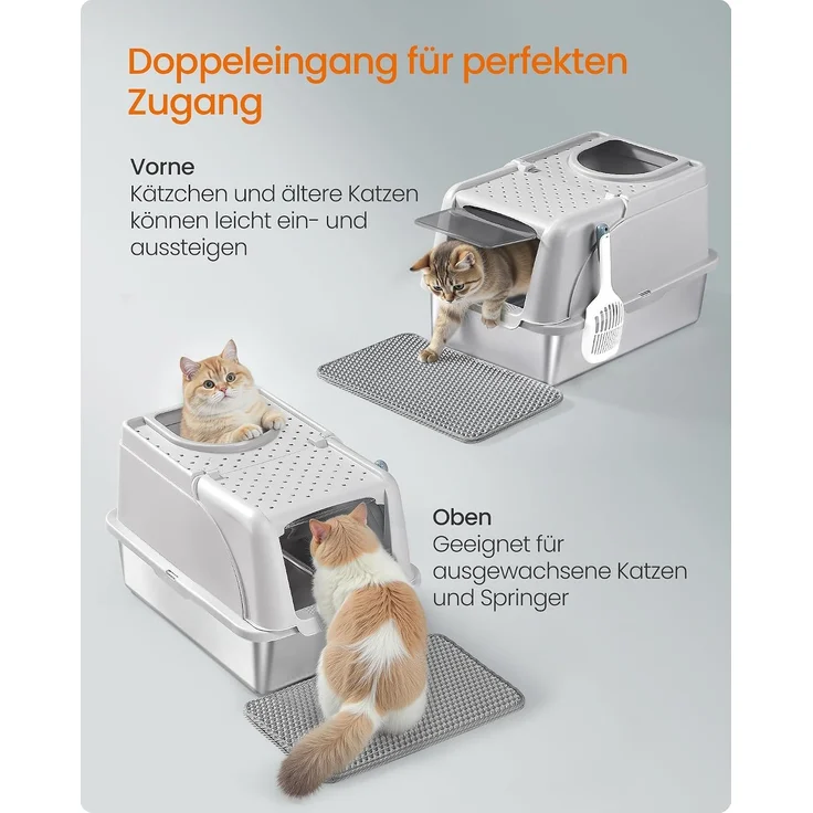 FEANDREA Katzenklo, Katzentoilette, Edelstahl, mit Deckel, Schaufel, Bürste, für Katzen bis 15 kg, grau – Bild 5