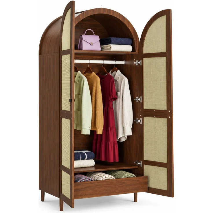 DESVIAE Garderobenschrank Walnuss aus MDF/Spanplatte – 80x179x50 cm – Rattantüren, Schubladen – Bild 7