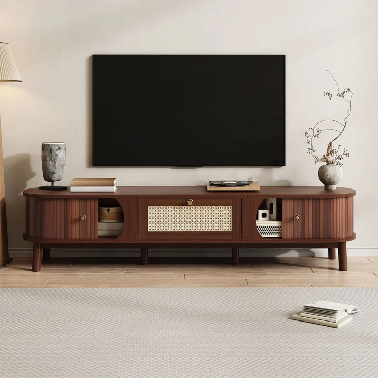 TV-Schrank Holz mit Rattanschubladen, Massivholztüren, Schiebetür, stabiles Design,Walnuss – Bild 5