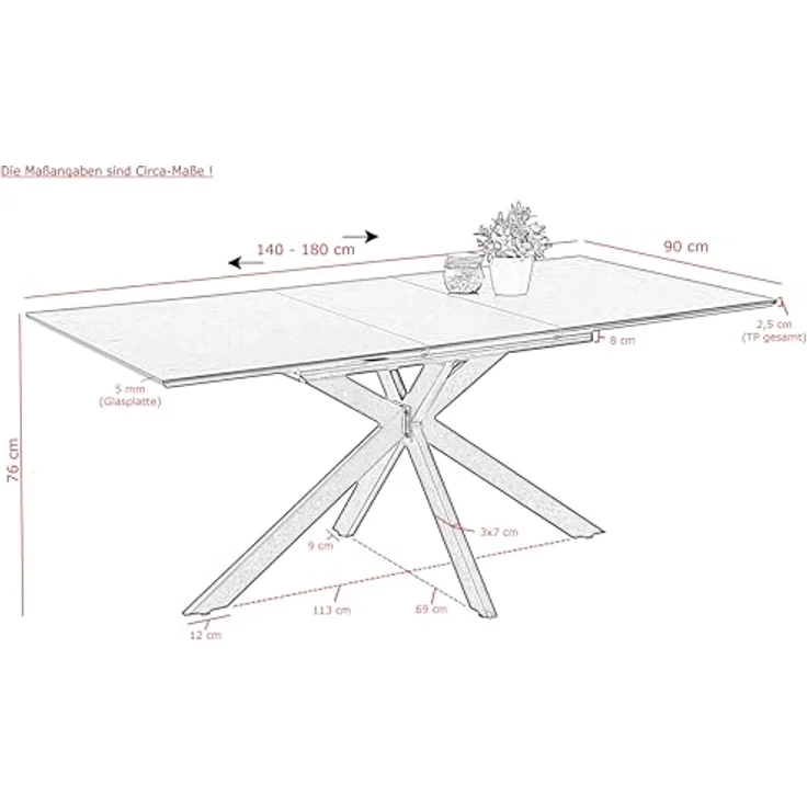 Hela Tische, Auszugstisch Esstisch Fenja, Glasauflage Keramikoptik beige, Schweizer Kante,Stern-Metall-Gestell Cremé mit Arretierung, Maß 140-180x90cm – Bild 3