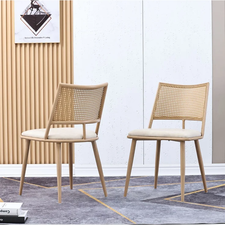 Esszimmerstuhl 80cm×48cm×50cm, 2er-Set in Beige mit Rattan-Rückenlehne und PU-Sitz – Bild 4