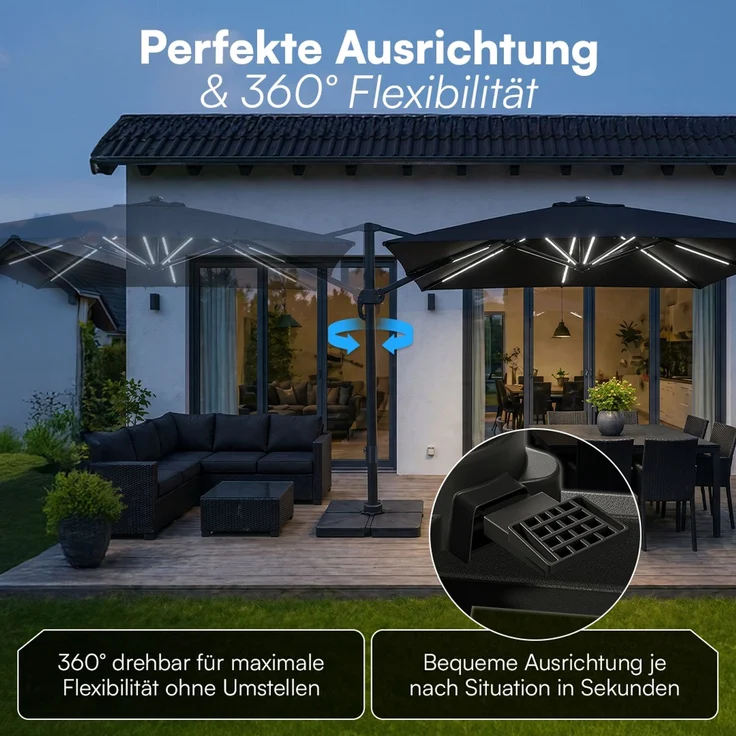 STEELSØN 'Lyrion' Sonnenschirm LED Solar 300x300 cm quadratisch, neigbar und 360-Grad drehbar, schwarz, Ampelschirm inkl. Abdeckung, UV50+ – Bild 2
