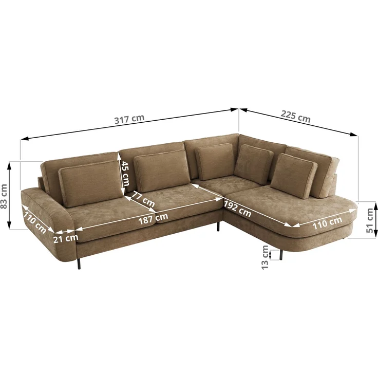 CALENO L-Form Ecksofa 317x225 cm, Massivholz-Rahmen & Wellenfedern, Sitzhöhe 51 cm, modernes Polstersofa rückenecht bezogen & freistehend - Braun Schenille glatt - Rechts Seite – Bild 8