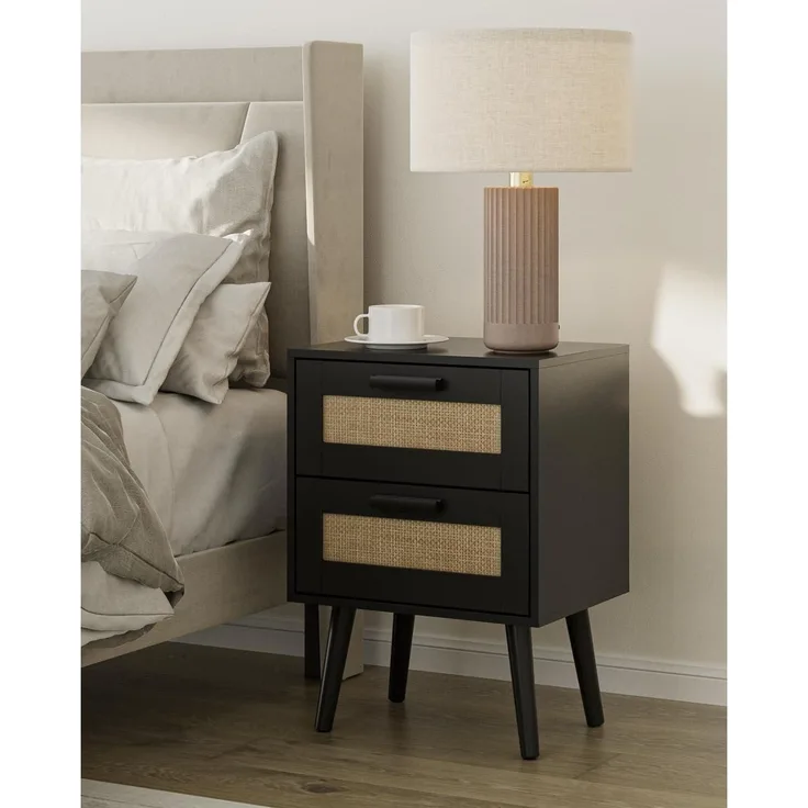 Rattan Nachttisch mit Schublade Beistelltisch Holzbeine Schlafzimmer Wohnzimmer
