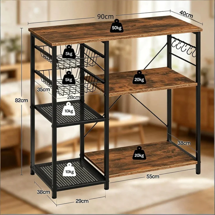 Stabiles stehendes Regal,Küchenregal,Kaffeetisch,Backregal,Offenes Mikrowellenregal,Anzeigeregal--Schwarz+Braun--40x90x82cm--YOUDENOVA – Bild 4