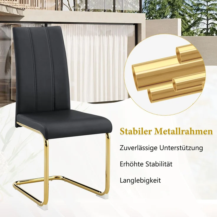 Esszimmerstuhl H 99 x T 54.5 x B 43 cm aus PU-Leder und Metall, ergonomisch, Schwarz/Gold, 2 Stuhl – Bild 7