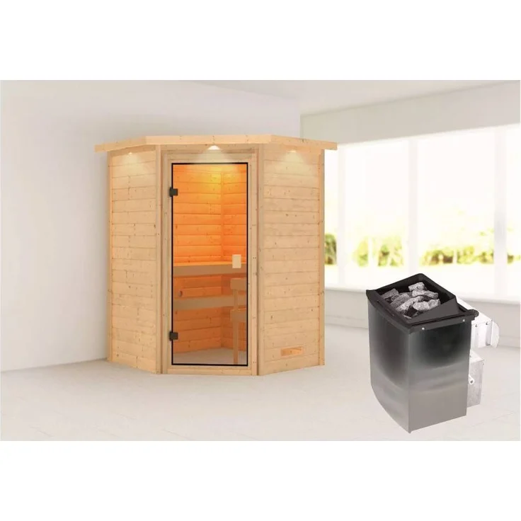 Karibu Ecksauna Antonia mit Dachkranz + 9kW Saunaofen mit integrierter Steuerung – Bild 1