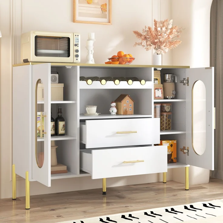 Merax Weißes Sideboard, Glasfronten & Weinregal – Sideboard für Esszimmer & Wohnzimmer – Verstellbarer Fuß – Viel Stauraum – Bild 7