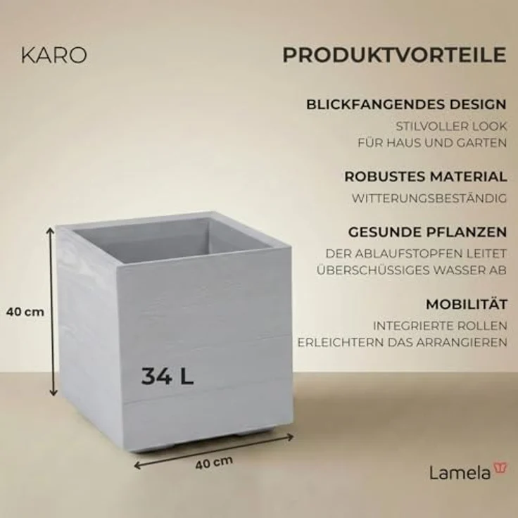LAMELA Pflanzkübel mit Rollen 40 cm, 36L – Blumentopf aus Kunststoff in Holzoptik – Übertopf mit Wasserablauf – Modern für Innen & Außen - Wetterfest & Pflegeleicht, Hellgrau – Bild 2