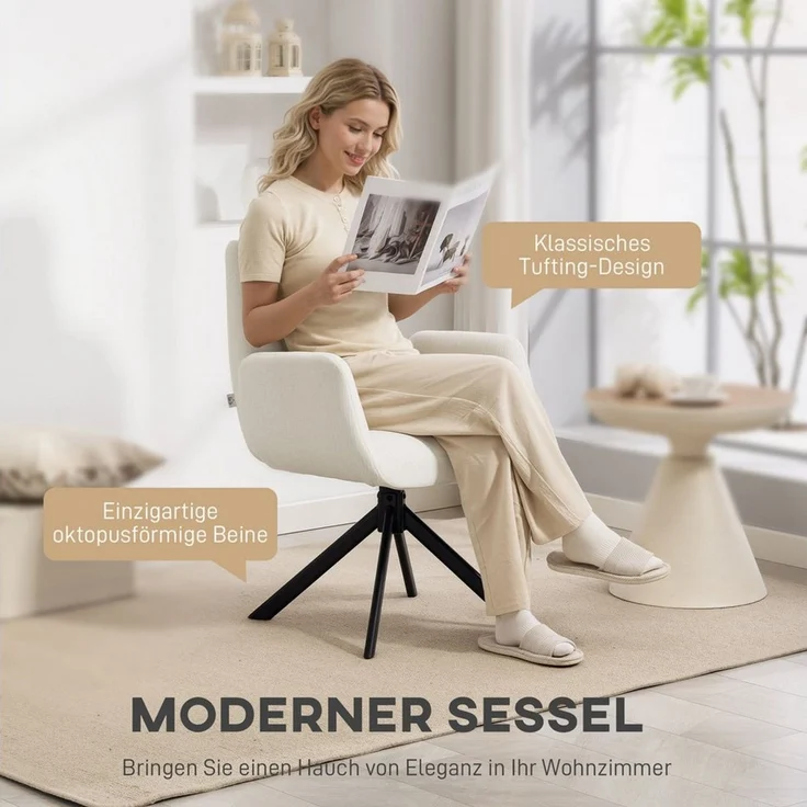 HOMCOM Relaxsessel mit Armlehne, Wolle-Leinenoptik, Knopfheftung, Stahlbeine (Polsterstuhl, 1-St, Loungesessel), für Wohnzimmer, Schlafzimmer, Cremeweiß – Bild 3