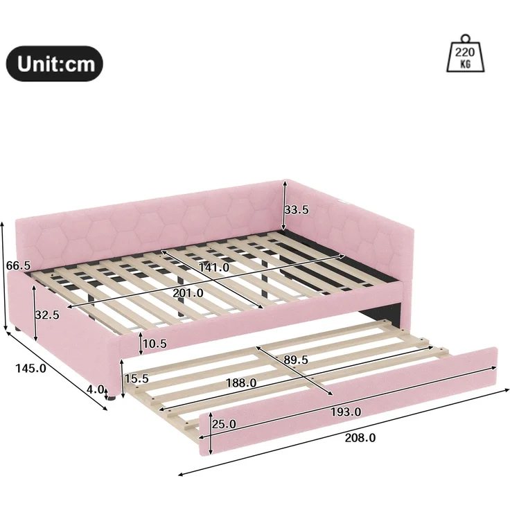 Daybett, 140*200cm Tagesbett, Schlafsofa, Bett mit Lattenrost (ohne Matratze), mit Nachttischlampe, mit multifunktionalem Ausziehbett, USB-Anschluss, Typ-C, Komfortmaterial, Vliesimitat, Rosa – Bild 9