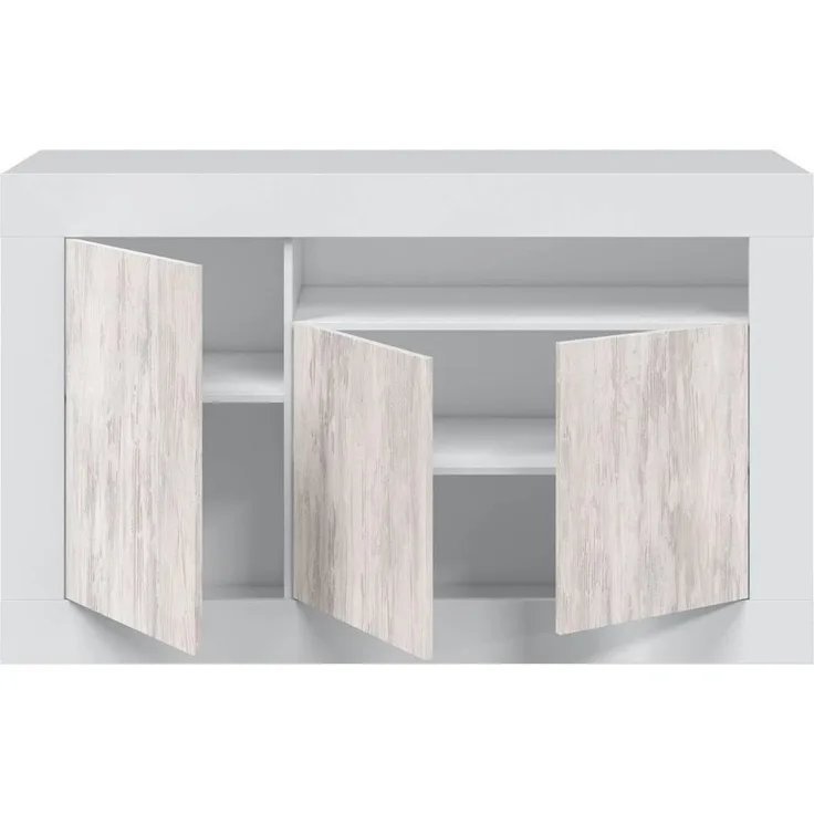 Habitdesign, modernes Sideboard mit 3 Türen – Buffet & Beistellschrank für Wohnzimmer oder Esszimmer in Artik weiß & Weiß Velho, viel Stauraum, Maße: 144 x 87 x 42 cm (B x H x T), Modell Baltik