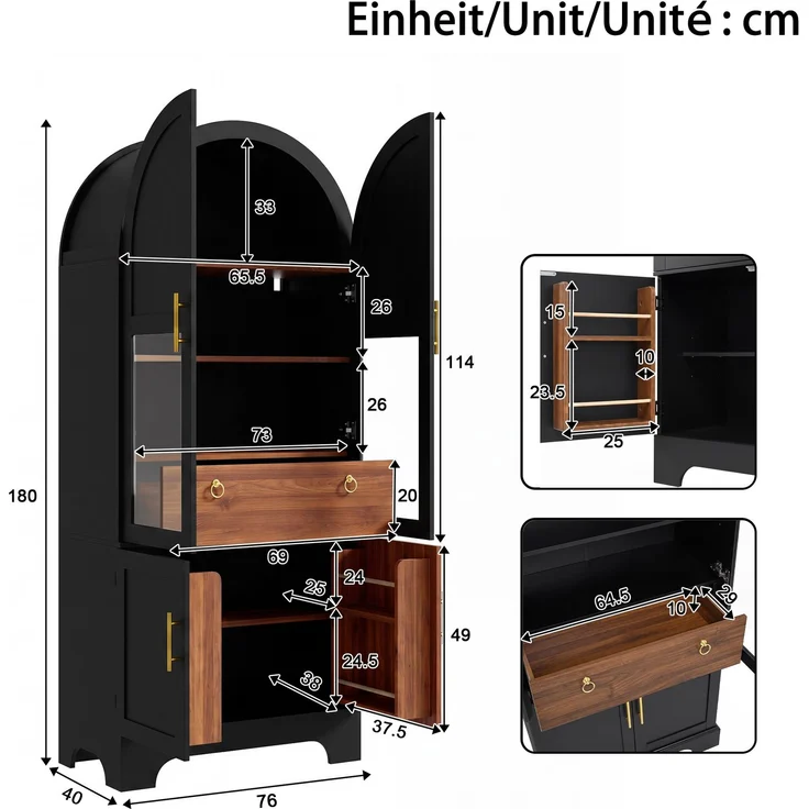 Vitrine 76 x 40 x 180 cm aus MDF und Spanplatte, schwarz, mit Bogenfront und LED-Beleuchtung – Bild 5