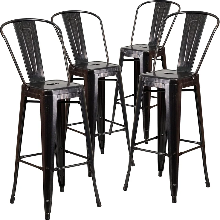 Flash Furniture Metall-Barhocker, bunt, Verzinkter Stahl, Kunststoff, Schwarz-Antik-Gold, 4er-Packung – Bild 1