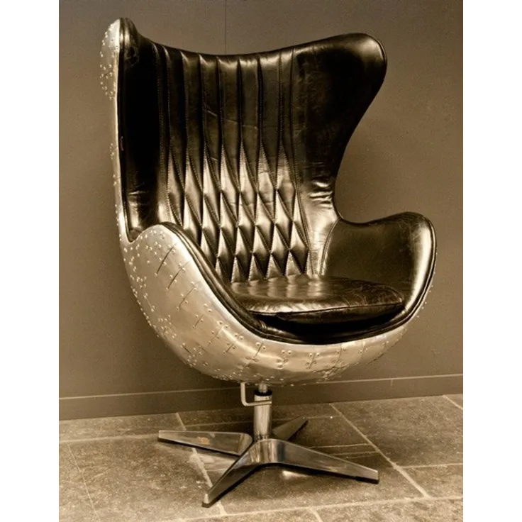 Casa Padrino Art Deco Lounge Chair Drehstuhl Sessel Aluminium / Echt Leder Schwarz Ei-Form - Club Sessel - Lounge Sessel - Vintage Airplane Möbel