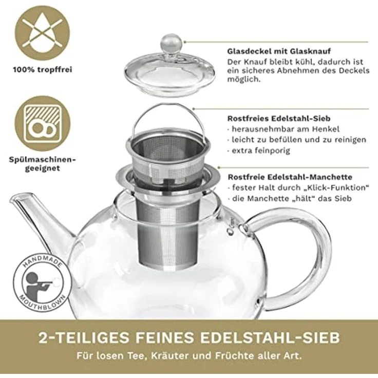 Creano Teekanne Creano Teekanne aus Glas 0,8l + ein Stövchen aus Edelstahl, 3-teilige, (Set, 4-St) – Bild 6