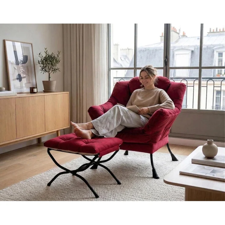 Sessel Ohrensessel Relaxsessel Lesesessel Samt Armlehnen Rot – Bild 5