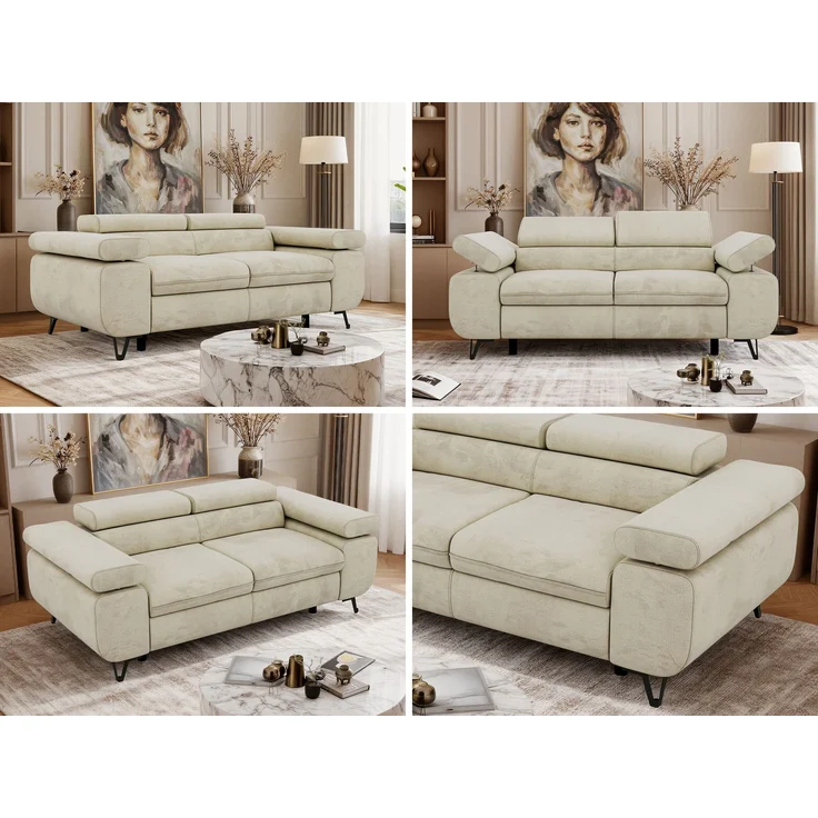 2-Sitzer Polstercouch PETER mit verstellbaren Armlehnen und Kopfstütze, Gepolsterte Couch, Wellenfeder - Beige Velvet – Bild 2