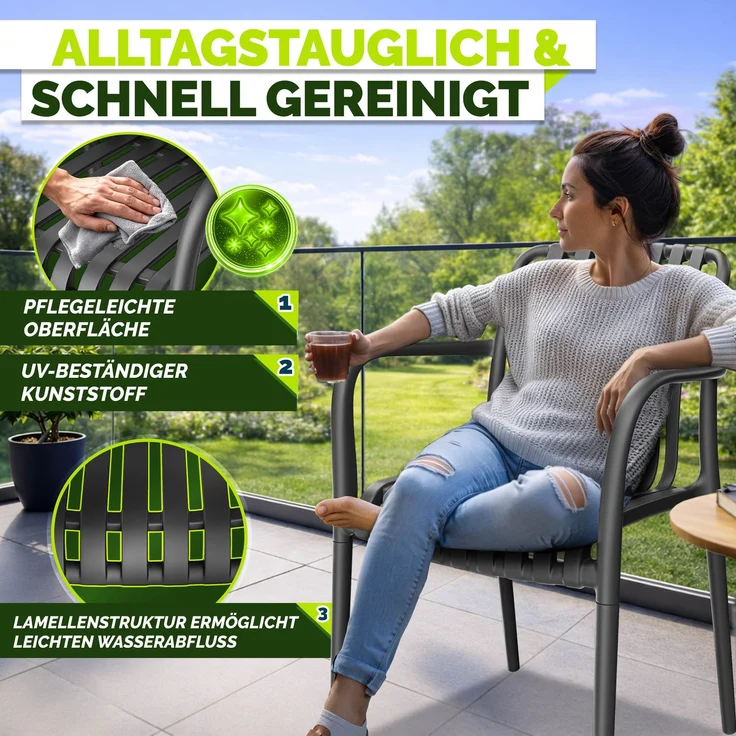 tillvex® Gartenstühle 2er Set Stapelbar Wetterfest mit Armlehne | Outdoor Stühle bis 120kg belastbar | Gartenstühle Outdoor | Terrassenstuhl Gartenmöbel Balkon Garten Terrasse – Bild 10