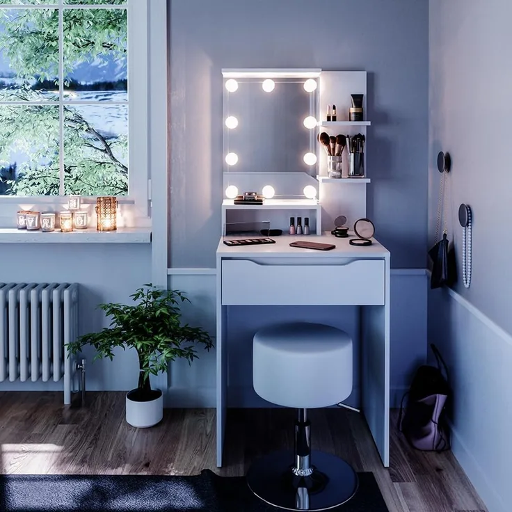 Schminktisch Ruben Weiß 60 cm mit LED Beleuchtung und Hocker Vicco