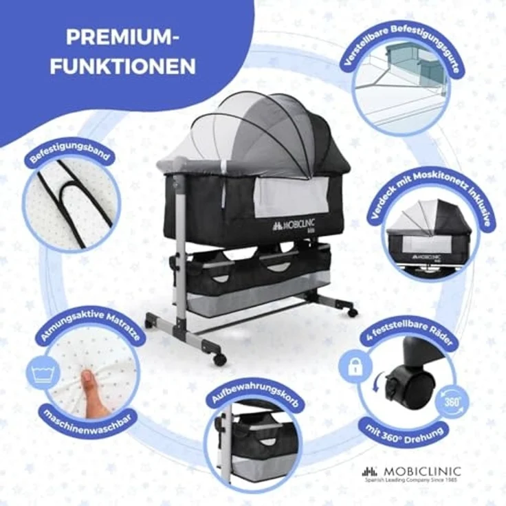 Mobiclinic®, 3-in-1-Babybett, Night, Beistellbett, Höhenverstellbar, Matratze, Moskitonetz, 360°-Rollen, Gurte, Aufbewahrungskorb, Bis 20 kg, Schwarz – Bild 4