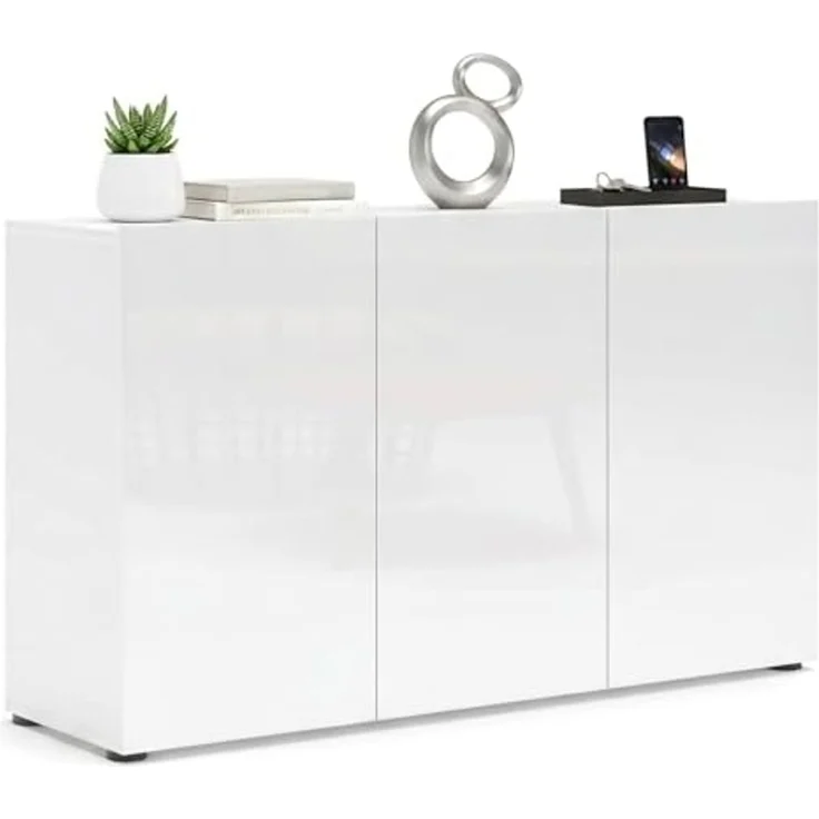 Dmora - Kommode Polokwane, Wohnzimmerbuffet, Wohnzimmer-Sideboard, Moderne Küchen-Speisekammer, Made in Italy, 135x38h79 cm, Glänzendes Weiß – Bild 3