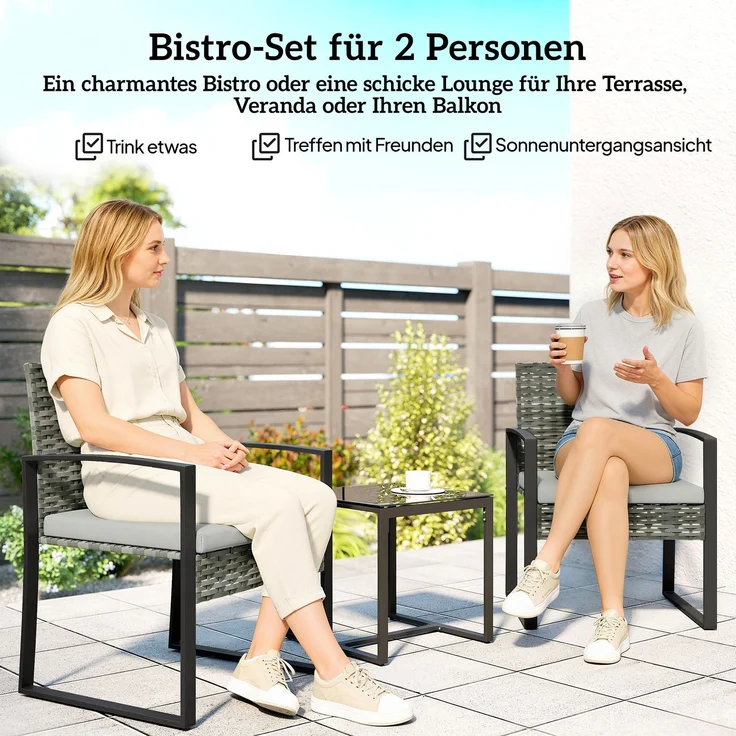 MELAYR, Rattan Bistroset, 3 teiliges Gartenmöbel-Set mit 2 Gartenstühlen, Couchtisch, 58 x 55 x 76 cm, Hellgrau – Bild 6