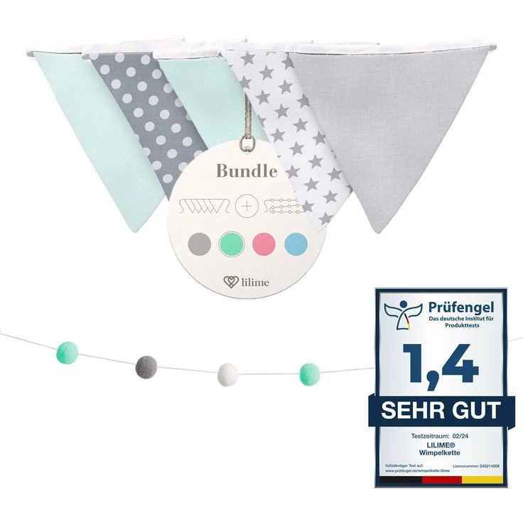 lilime® Wimpelkette Inkl. GRATIS Girlande ideal für Dekoration im Kinderzimmer - Unsere Wanddeko für dein Kind - Super süße Deko für jedes Babyzimmer (1. 9M/Grau-Weiß-Mint)