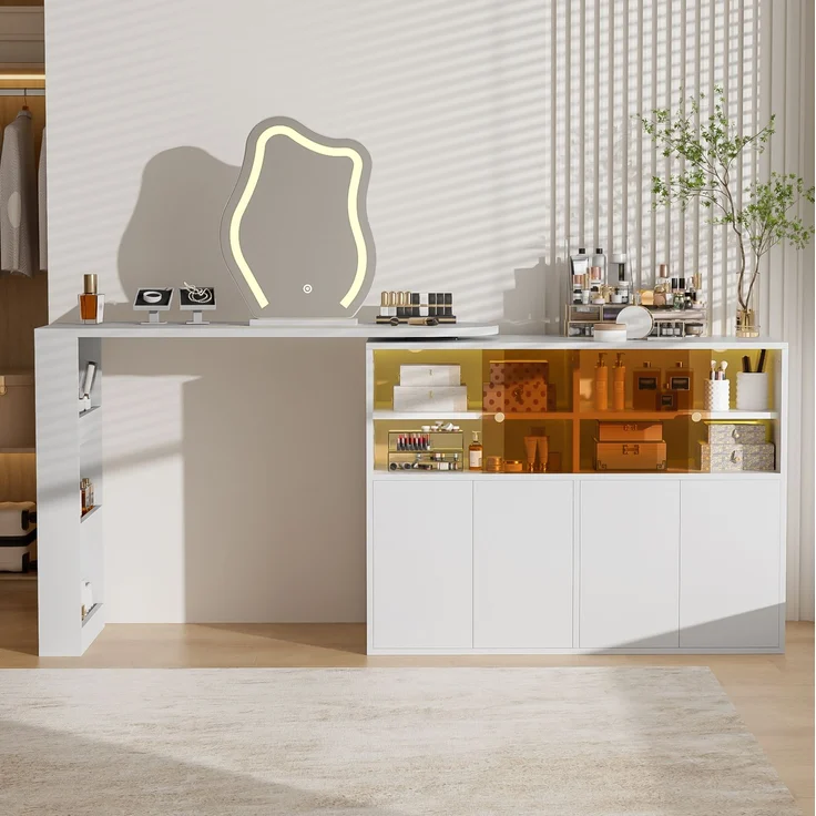 Schminktisch 177x40x131,5 cm mit drehbarer Tischplatte, LED-Spiegel und Stauraum, Weiß – Bild 4