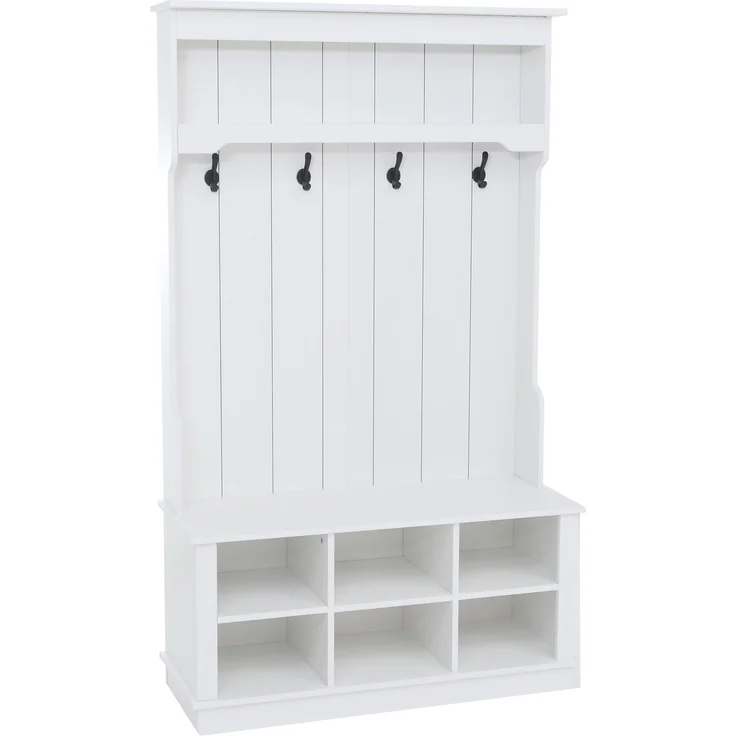 Garderobe HWC-P26, Flurgarderobe Holzgarderobe Sitzbank, 4 Haken Staufach Ablage Melamin 170x100x39cm ~ weiß – Bild 9