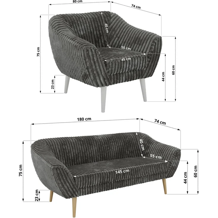 Wohnzimmerset PIRS 1-1-3, Skandinavisches 3-Sitzer Sofa mit Sesseln, Sofa mit Wellenfederung, weiße Füße, Skandinavisches Möbelset - Grau Cord – Bild 5
