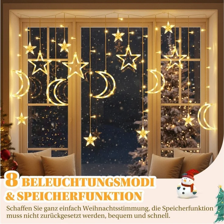 SERBASIC Lichterkette 3.5M Sterne Mond Lichtervorhang mit Stecker, 8 Modi, Timer, 31V, Für Fenster Garten Außen Weihnachtsdeko, Warmweiß & Mehrfarbig – Bild 1